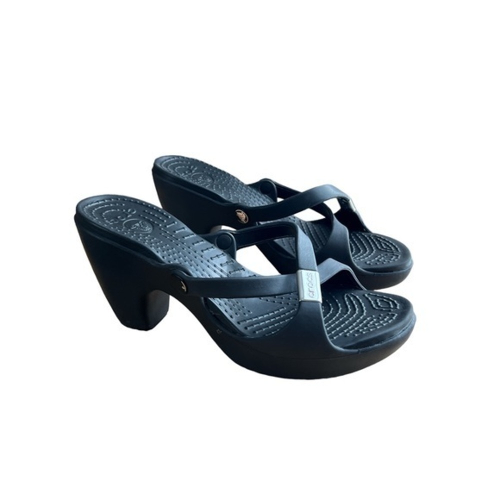 CROCS CYPRUS IV Women's Black Criss Cross Strappy Heels‎ Slip On Sandals Size 9